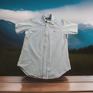 Ralph Lauren Classic Fit Seersucker Blue White Stripe Button Down Shirt Red Pony